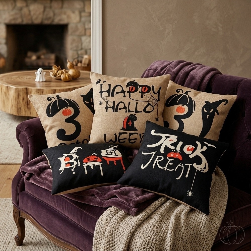 5 - Spooky Festive Halloween Throw Pillow Covers Graphic Print Black Cream
